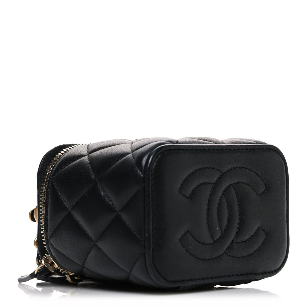 Chanel Lambskin Quilted Metal Mini Top Handle Vanity Case With Chain Black