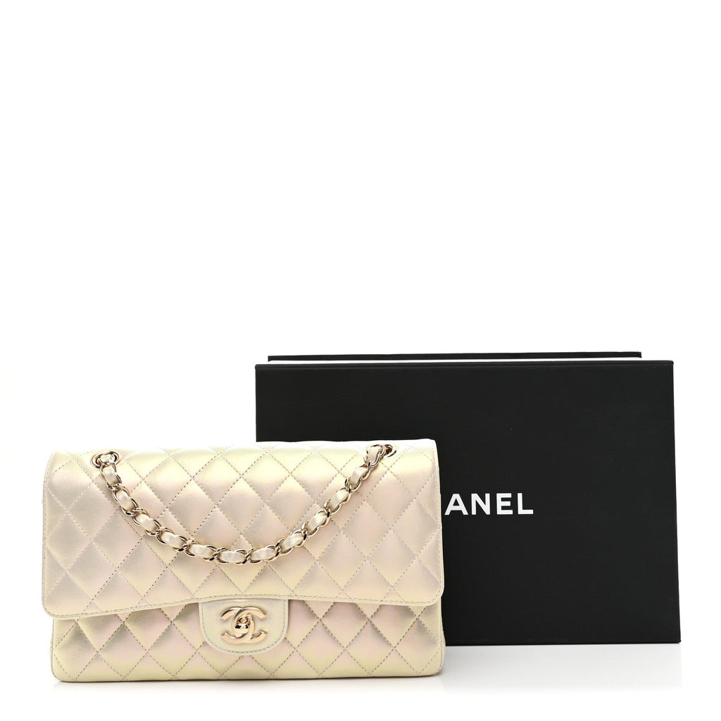 Chanel Iridescent Lambskin Quilted Medium Double Flap Ivory