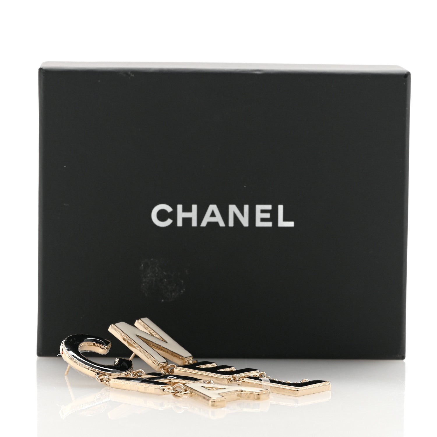 Metal Enamel Cha-Nel Logo Drop Earrings Black White