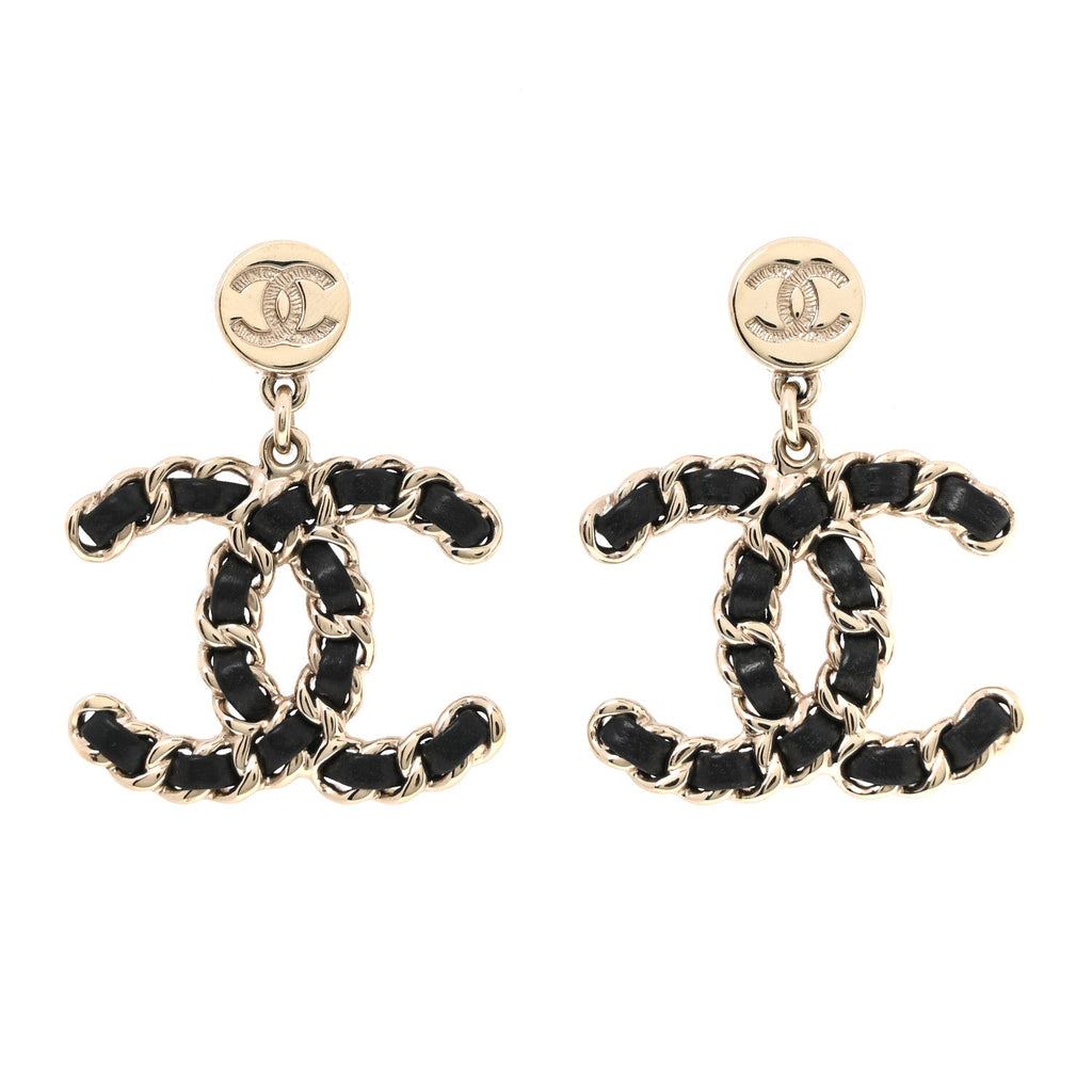 Lambskin Chain CC Drop Earrings Black Gold
