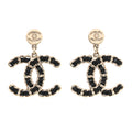 Lambskin Chain CC Drop Earrings Black Gold