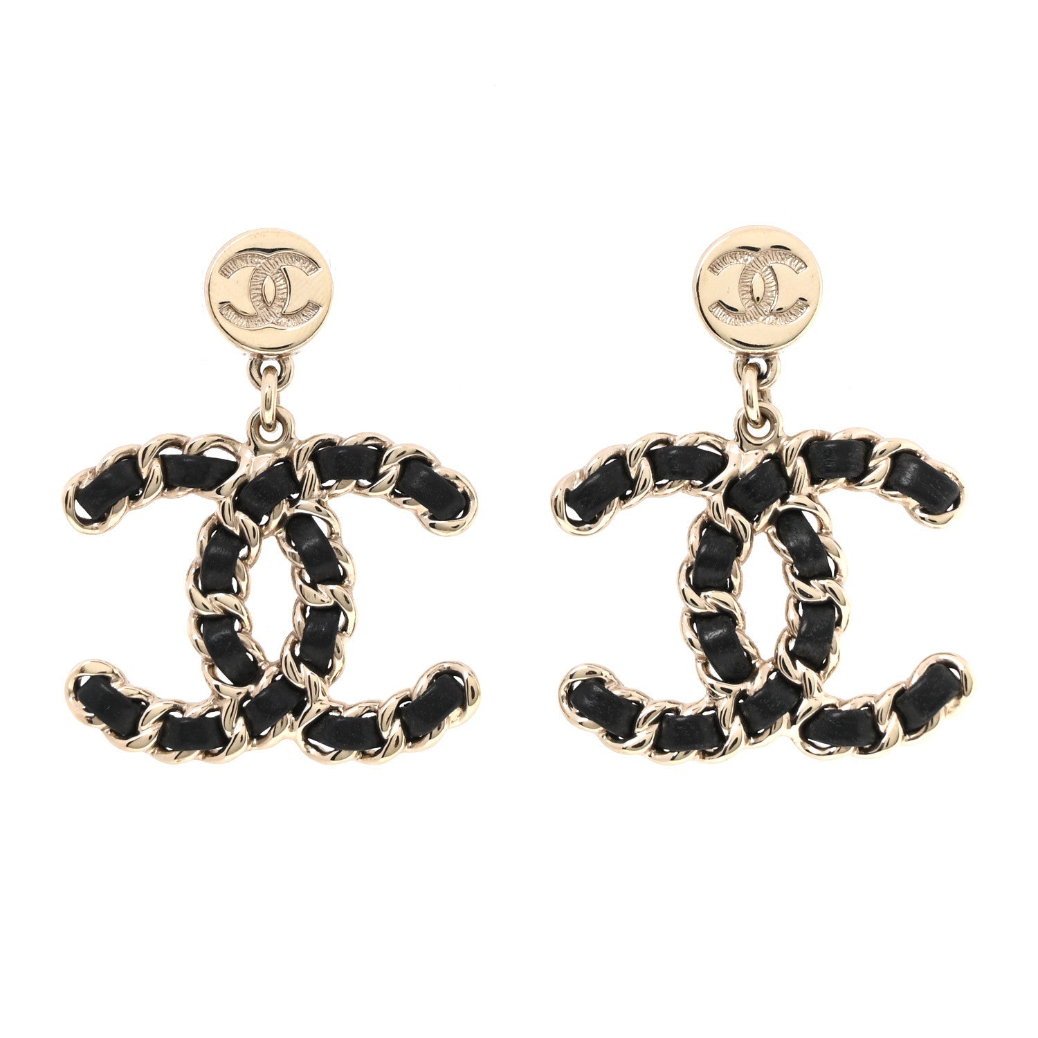 Lambskin Chain CC Drop Earrings Black Gold