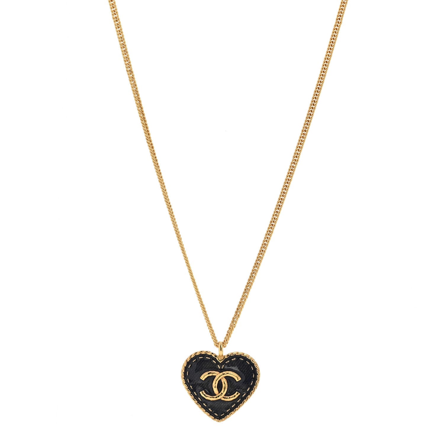 Metal Enamel CC Denim Heart Necklace Gold