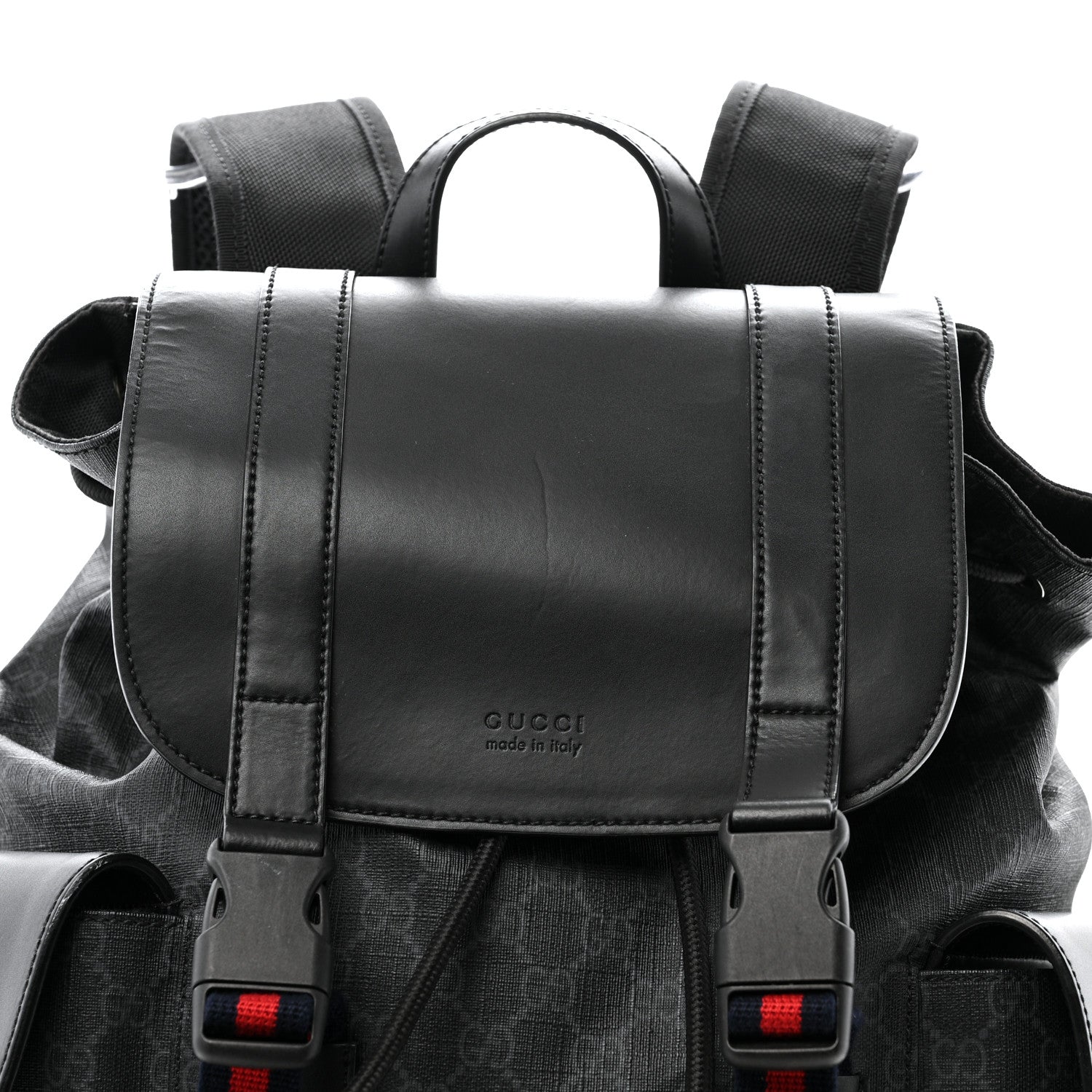 Gucci Soft GG Supreme Monogram Calfskin Web Double Buckle Backpack Black