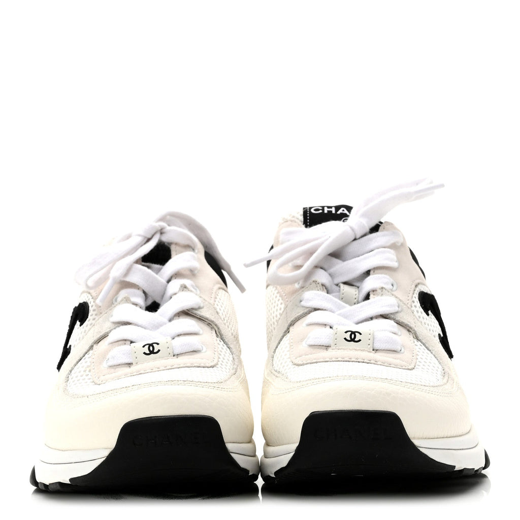 Mesh Suede Calfskin Grained Calfskin Womens CC Sneakers 38.5 White Black