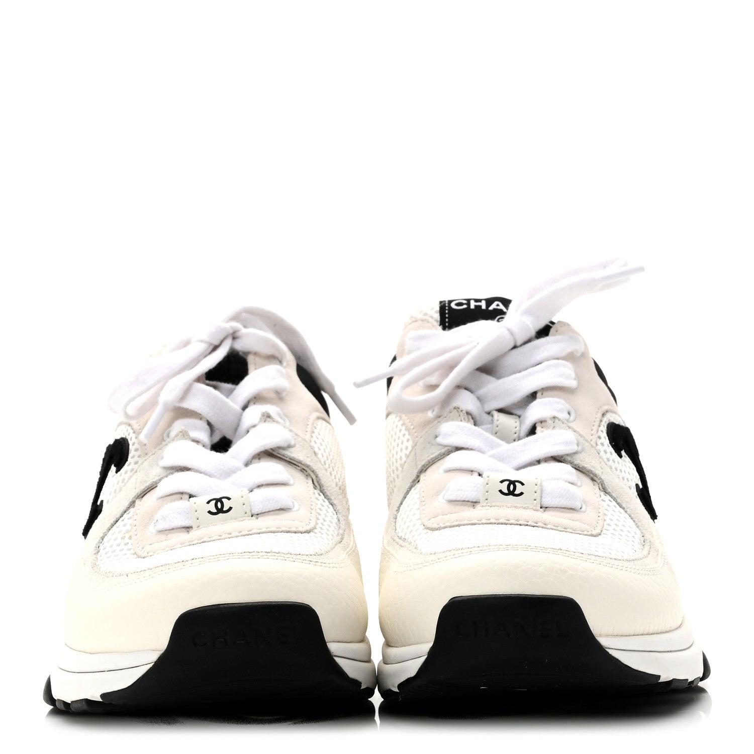 Mesh Suede Calfskin Grained Calfskin Womens CC Sneakers 38.5 White Black