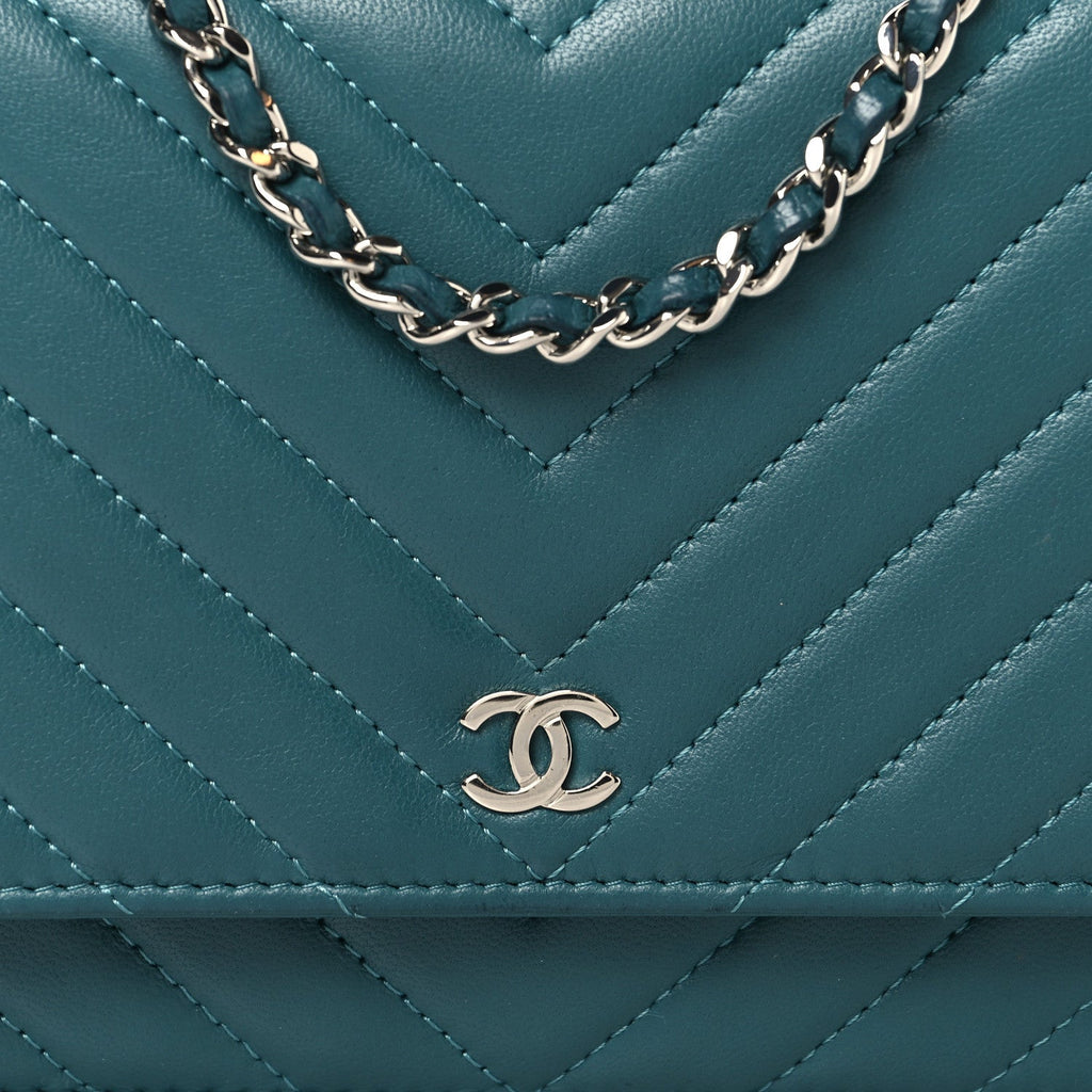Chanel Lambskin Chevron Quilted Wallet On Chain WOC Turquoise