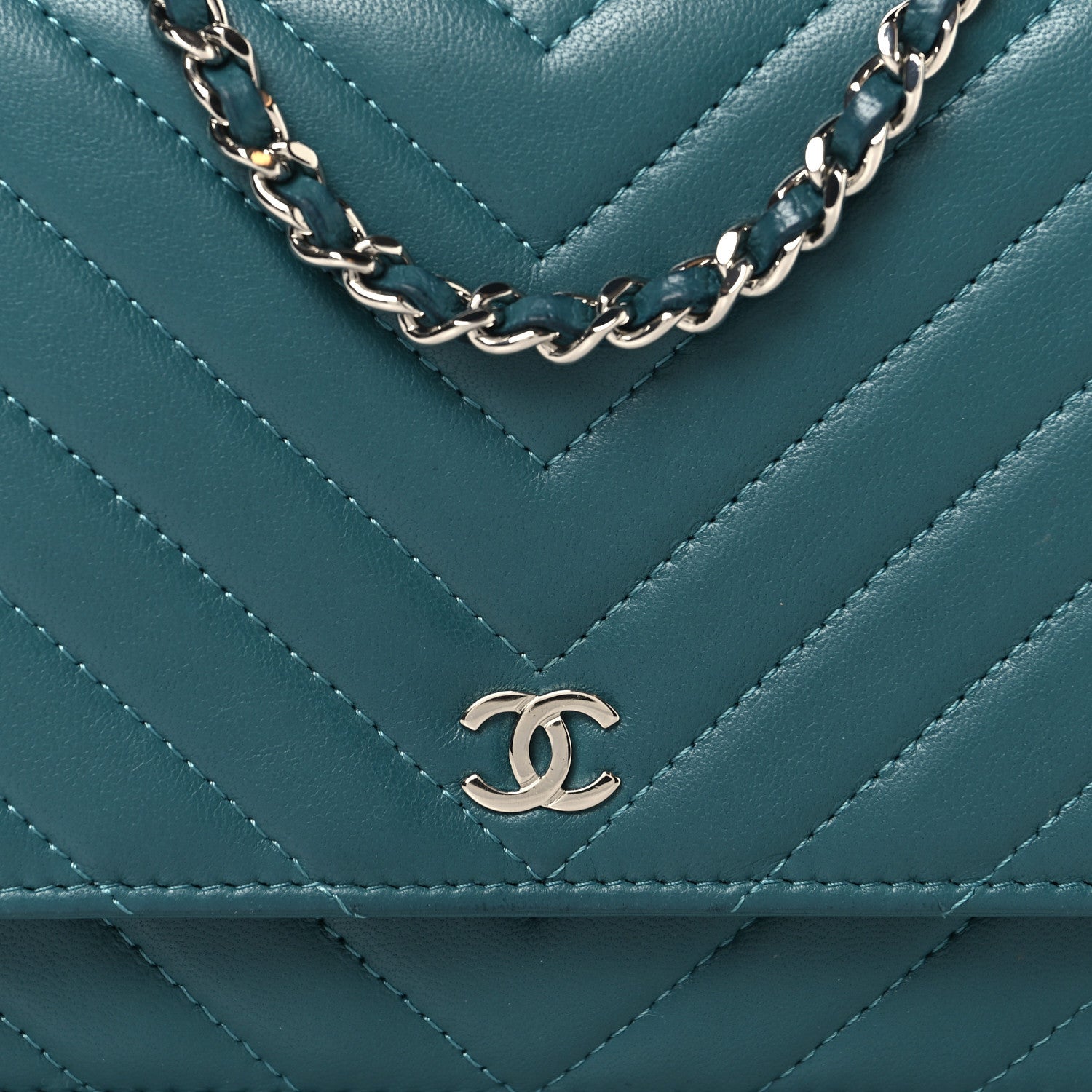 Chanel Lambskin Chevron Quilted Wallet On Chain WOC Turquoise