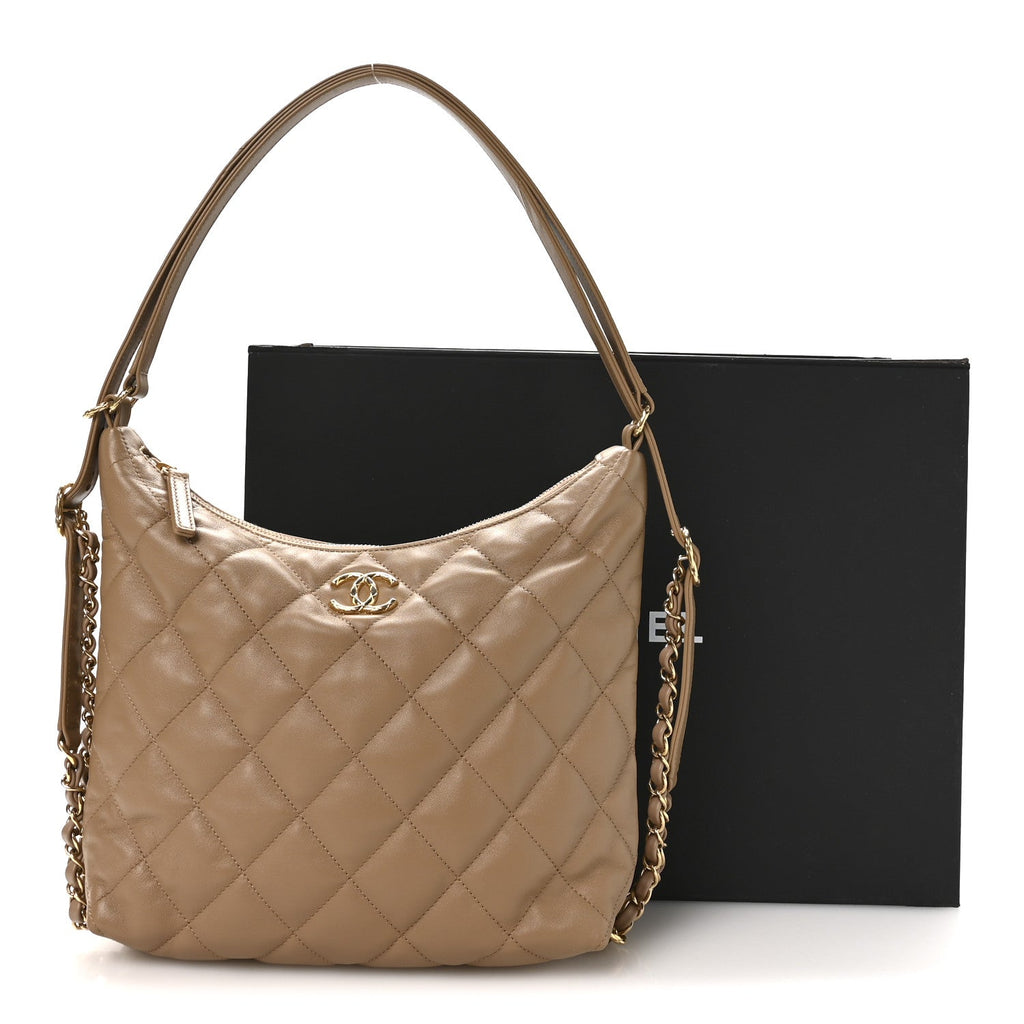 Chanel Lambskin Quilted Hobo Beige