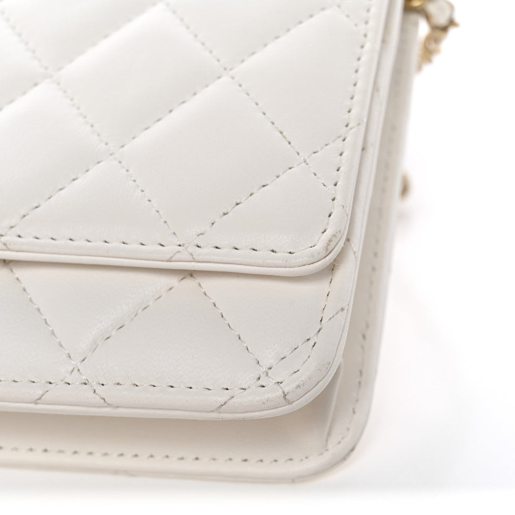 Chanel Lambskin Quilted CC Pearl Crush Wallet on Chain WOC White