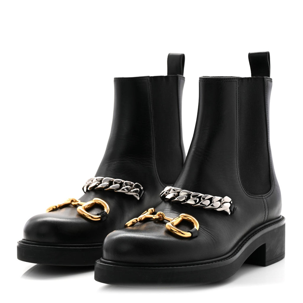 Gucci Flores Calfskin Horsebit Chain Ankle Boots 35.5 Black