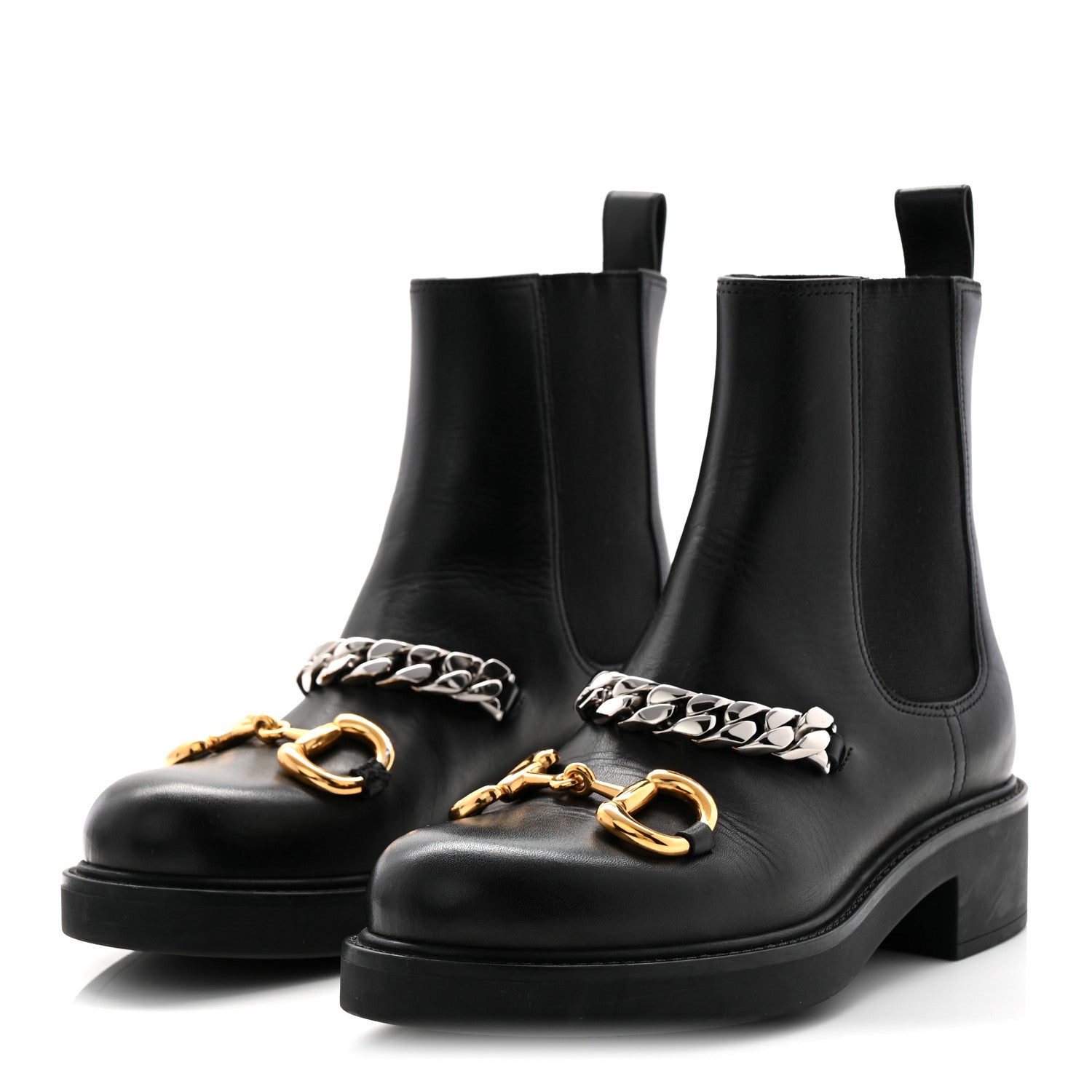Gucci Flores Calfskin Horsebit Chain Ankle Boots 35.5 Black