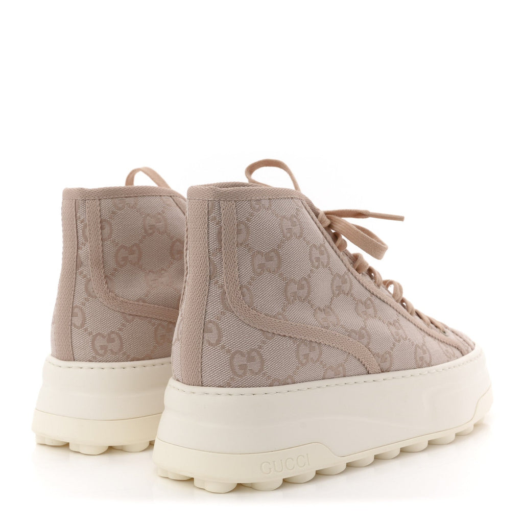 Gucci New Canvas GG Monogram Womens Tennis 1977 High Top 55mm Platform Sneakers 38 Skin Rose Dark Skin Rose