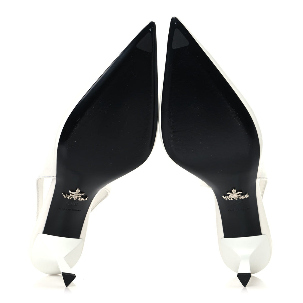 Prada Calfskin Triangle Logo Pointed Toe 75mm Slingback Pumps 38.5 White