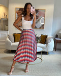 Gucci Metallic Red, Navy, Silver Stripe Pleated Midi Skirt Size IT 42 (UK 10)