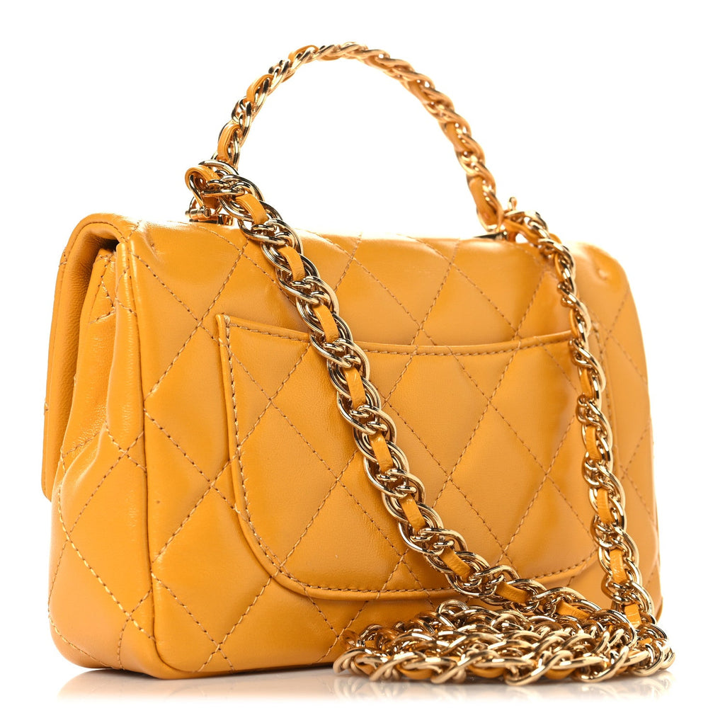 Chanel Shiny Lambskin Quilted Golden Links Top Handle Flap Yellow