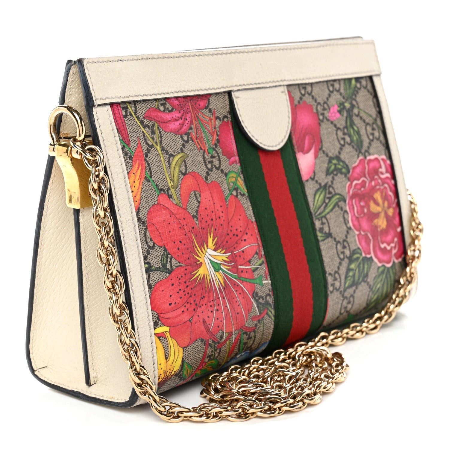 Gucci GG Supreme Monogram Flora Web Small Ophidia Chain Shoulder Bag White