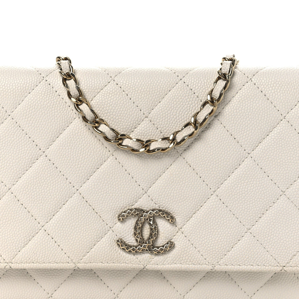 Chanel Caviar Quilted Perforated Metal CC Wallet On Chain WOC White