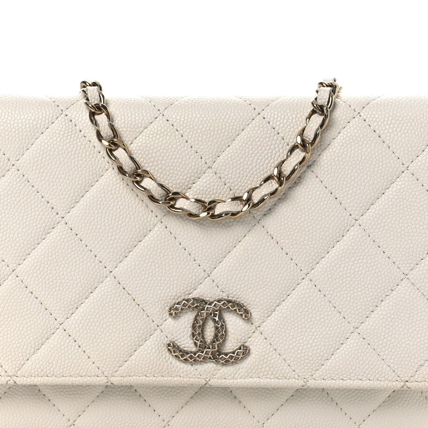 Chanel Caviar Quilted Perforated Metal CC Wallet On Chain WOC White
