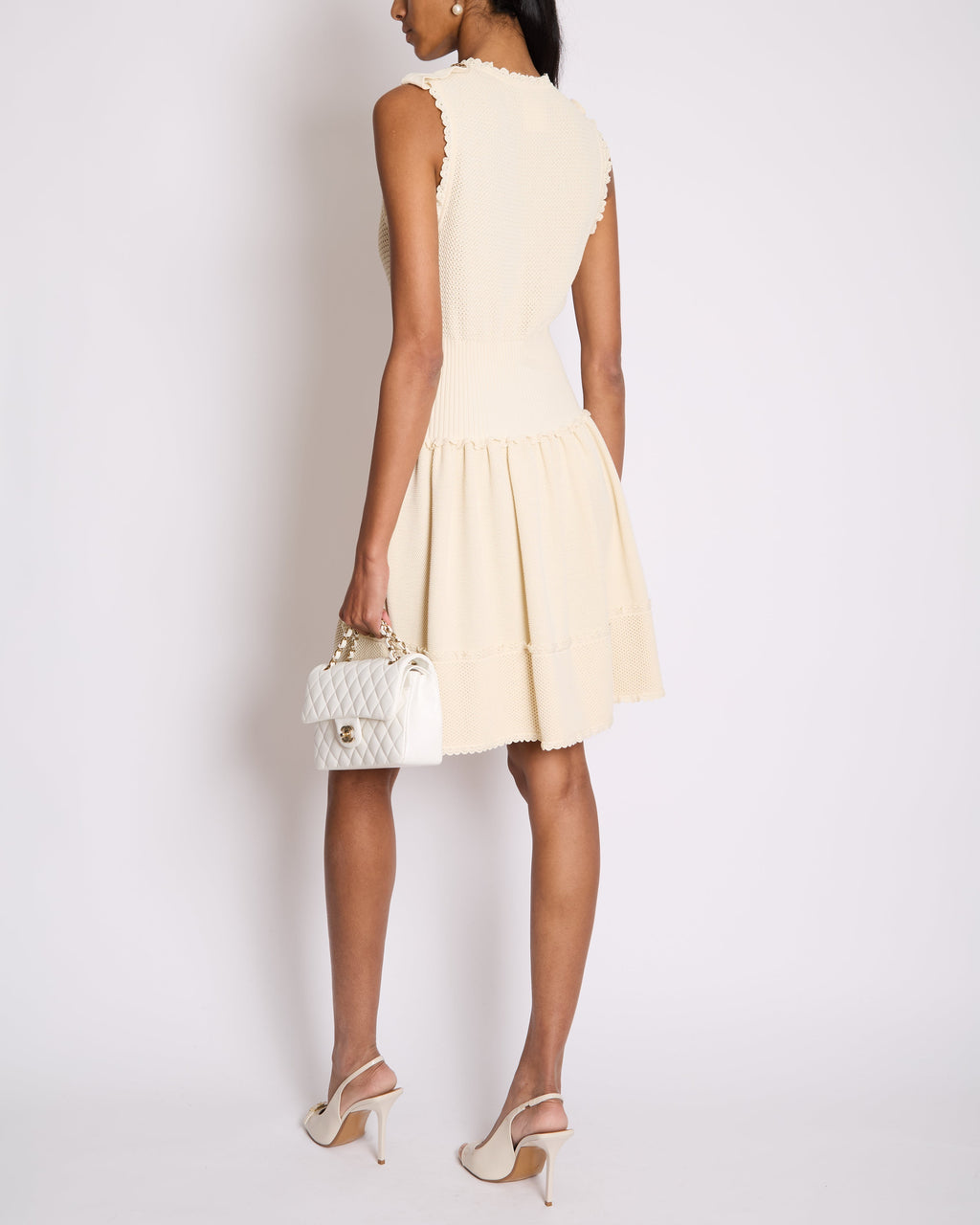 Chanel Cream Knit Sleeveless Mini Dress with Gold CC Logo Detail Size FR 38 (UK 10)