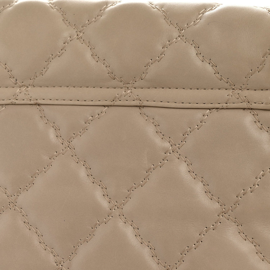 Chanel Calfskin Double Stitch Large Hamptons Flap Bag Beige