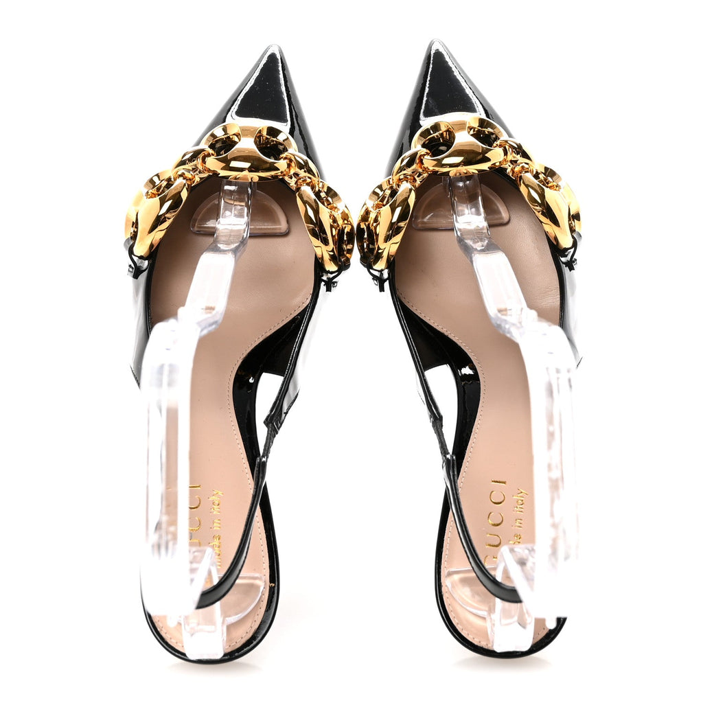 Gucci Vernice Crystal Nappa Charlotte Marina Slingback Pumps 37 Black
