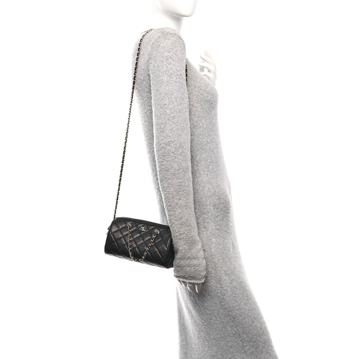 Chanel Caviar Quilted Barrel Clutch With Chain Black