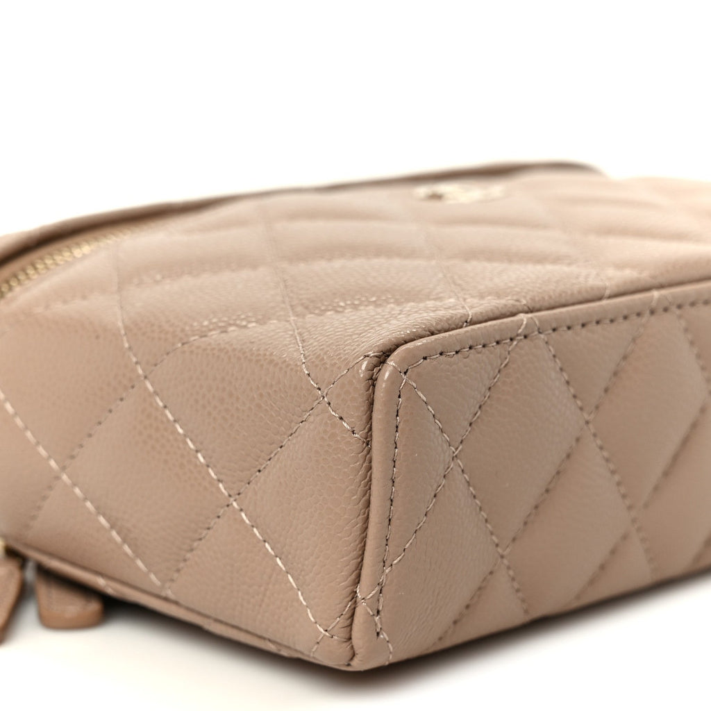 Chanel Caviar Quilted Top Handle Slim Vanity With Chain Dark Beige