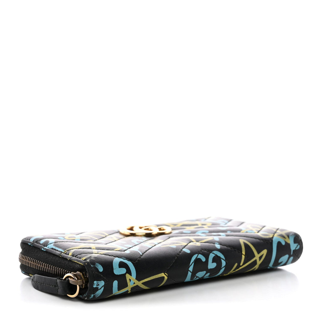 Gucci Calfskin Matelasse GucciGhost GG Marmont Zip Around Wallet Black New Acquamarine