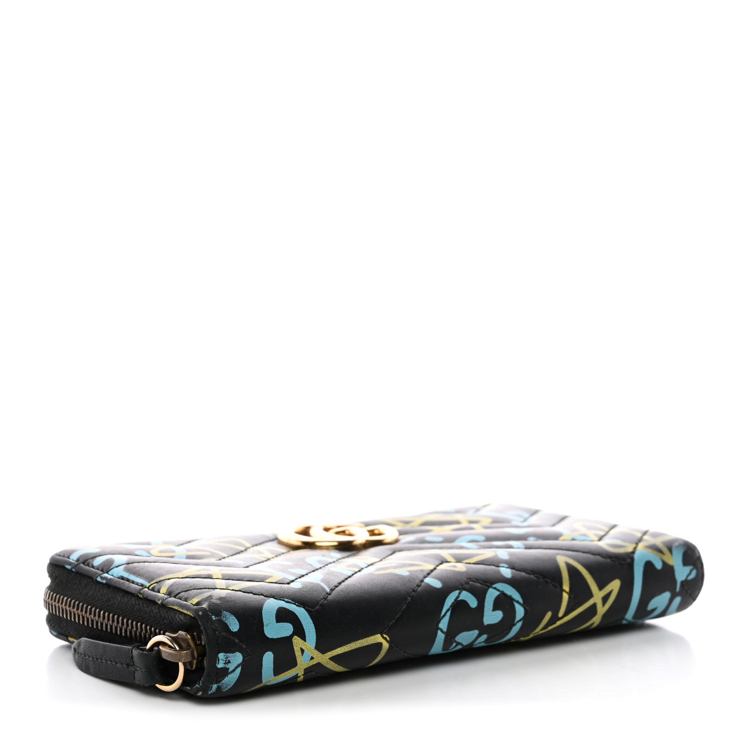 Gucci Calfskin Matelasse GucciGhost GG Marmont Zip Around Wallet Black New Acquamarine