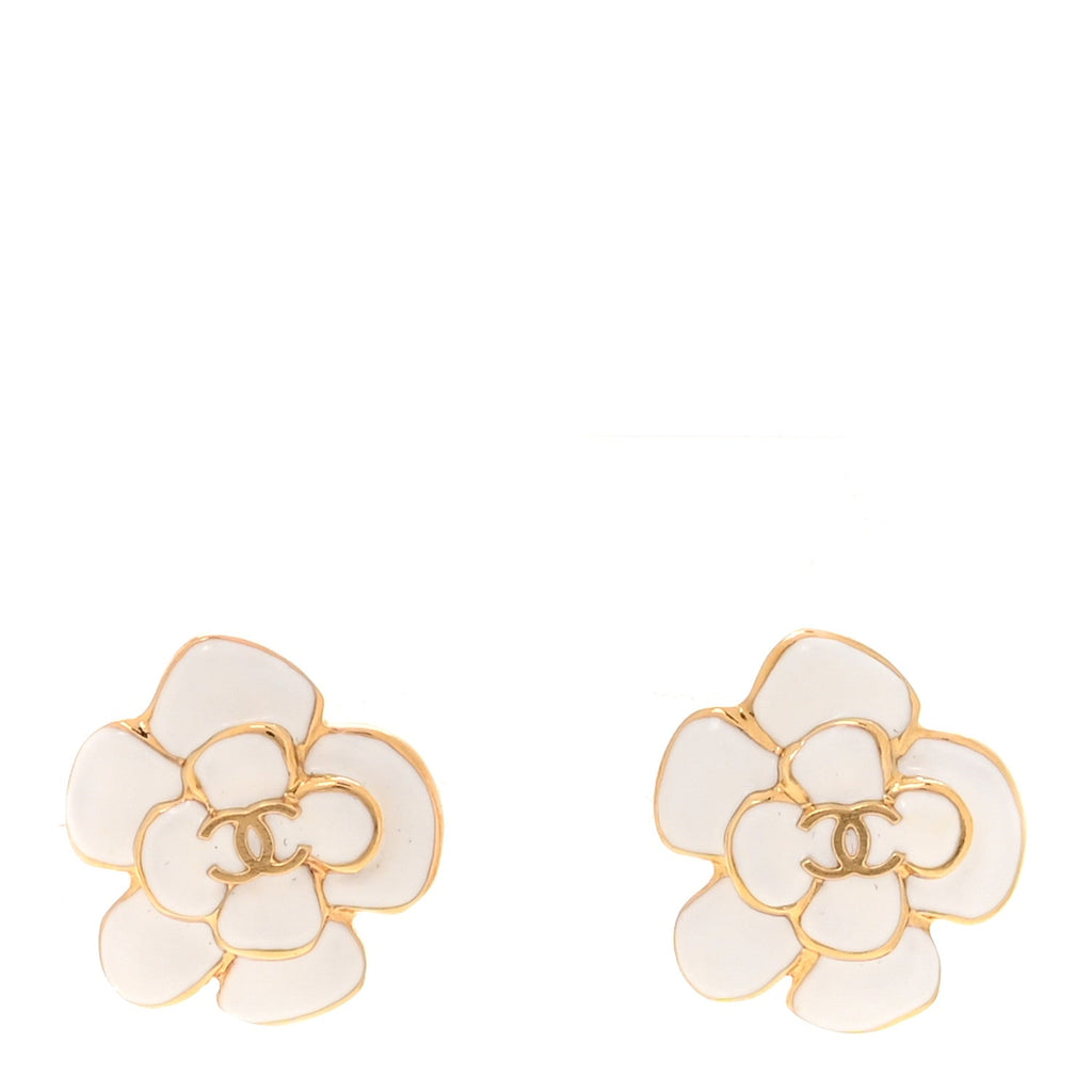 Metal Resin CC Camellia Stud Earrings Gold White