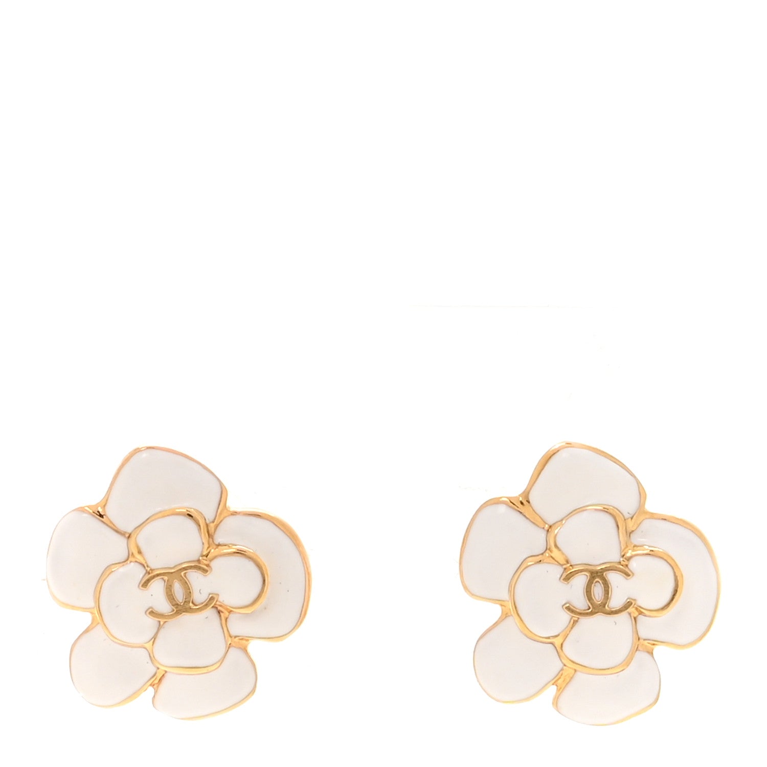 Metal Resin CC Camellia Stud Earrings Gold White