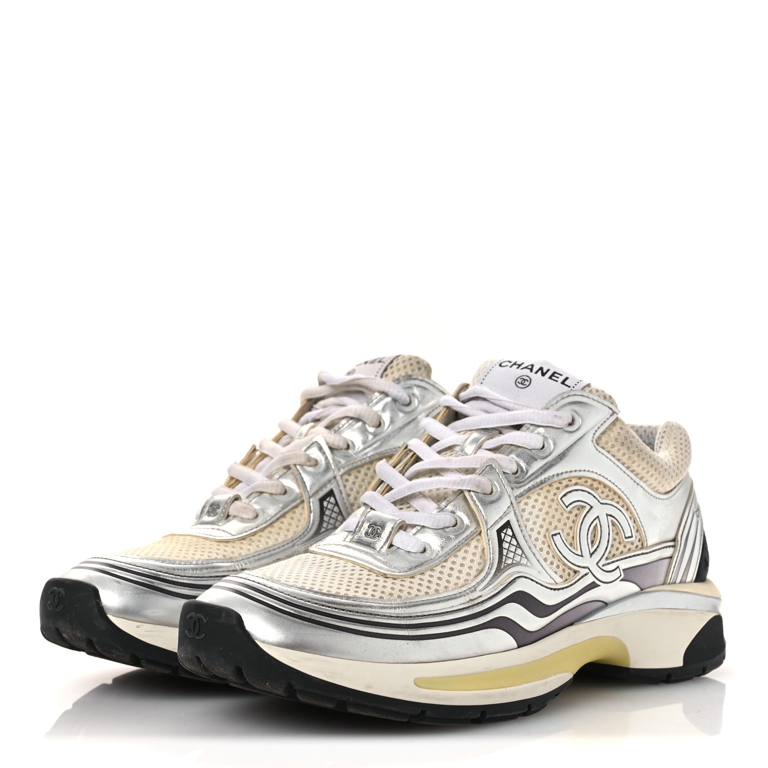 Fabric Laminated Calfskin Stretch CC Womens Sneakers 38.5 White Gold Silver