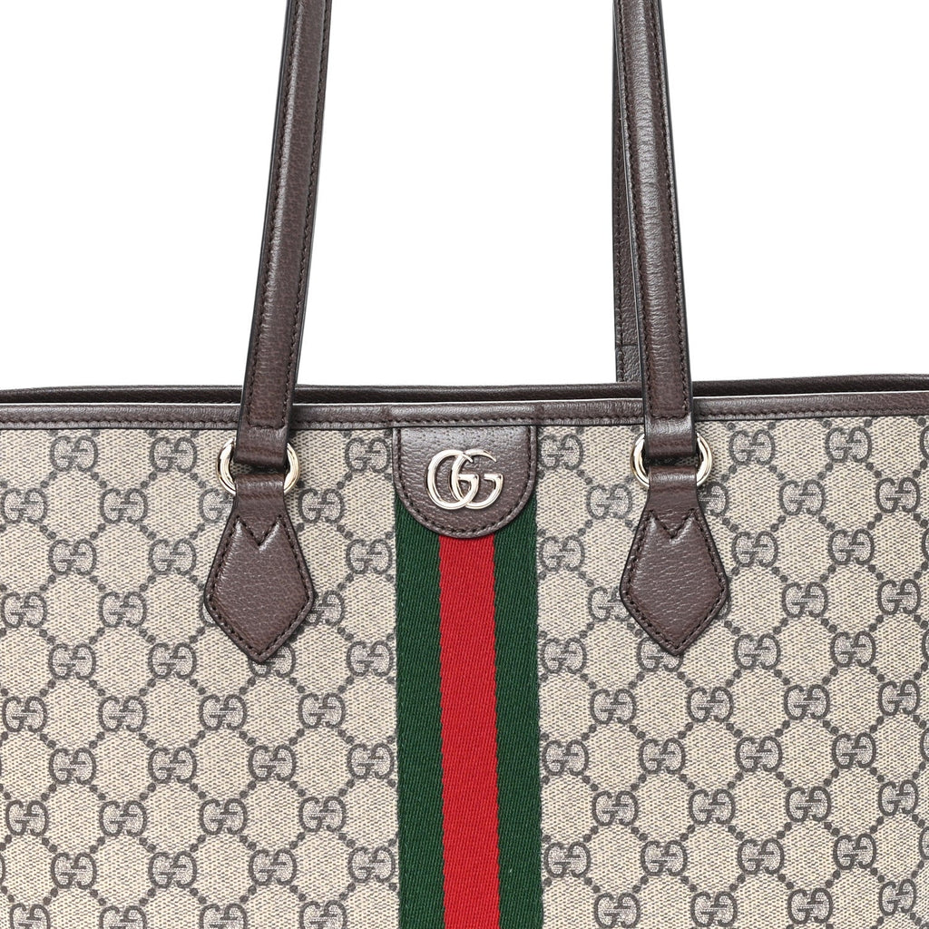 Gucci GG Supreme Monogram Textured Calfskin Web Small Ophidia Shoulder Tote Bag Beige Ebony New Acero