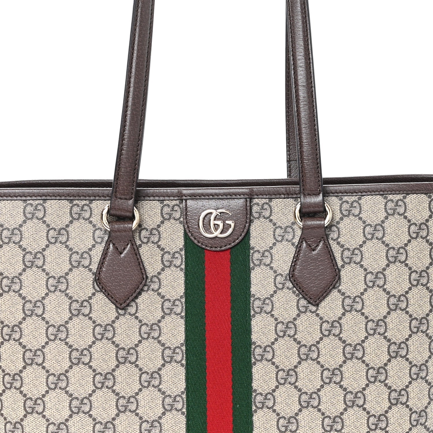 Gucci GG Supreme Monogram Textured Calfskin Web Small Ophidia Shoulder Tote Bag Beige Ebony New Acero