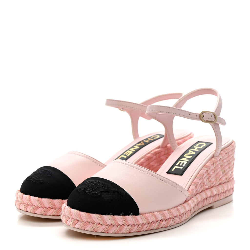 Lambskin Grosgrain CC Espadrilles Wedges 35 Pink Black