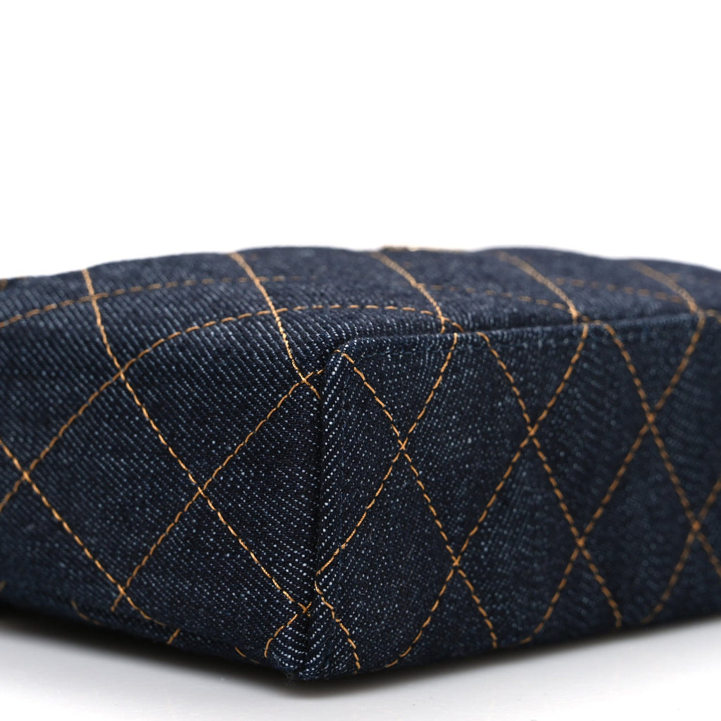 Chanel Denim Quilted Top Handle Slim Vanity Case With Chain Dark Blue Orange