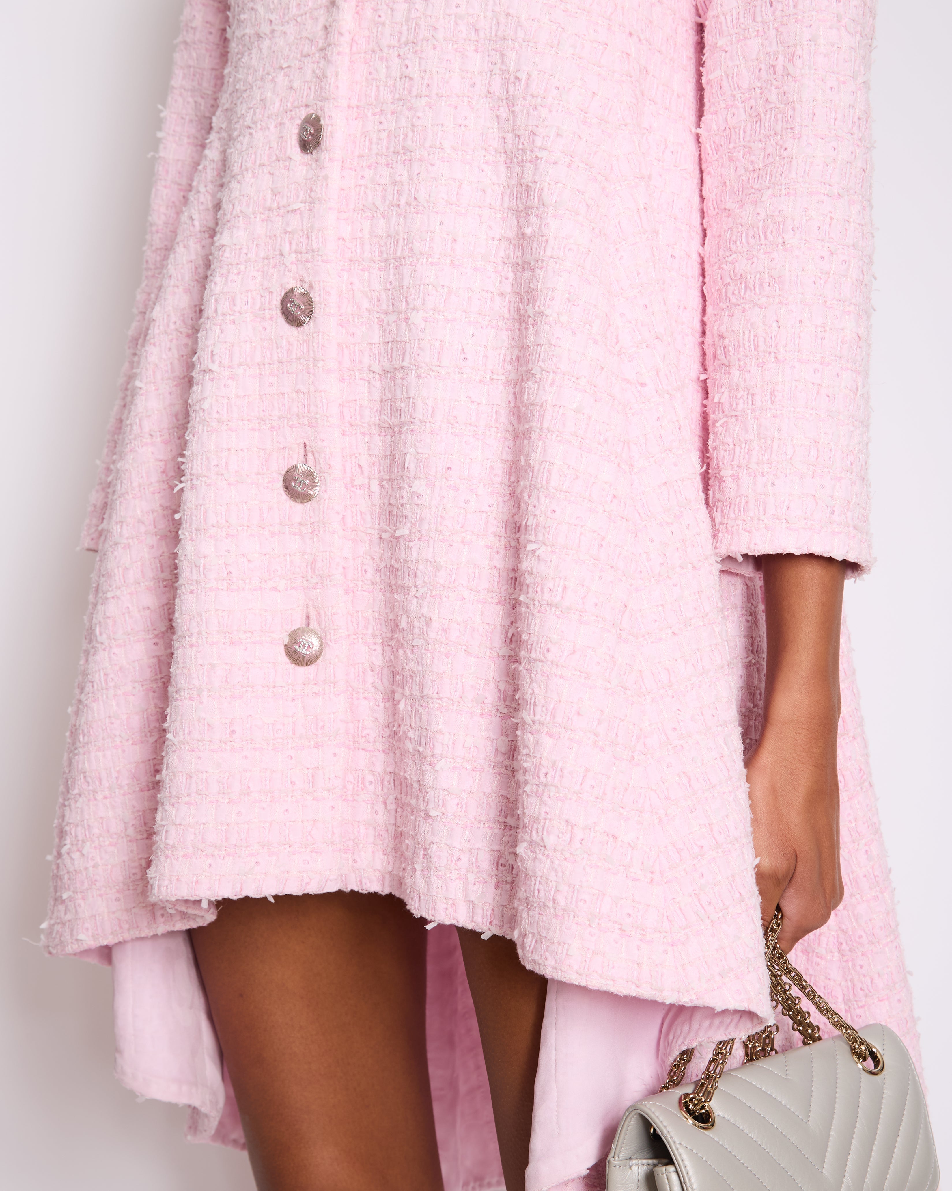 Chanel 24/S Pink Tweed Long Sleeve A-Line Asymmetric Mini Dress with Silver and Pink Logo Button Details Detail FR 34 (UK 6)