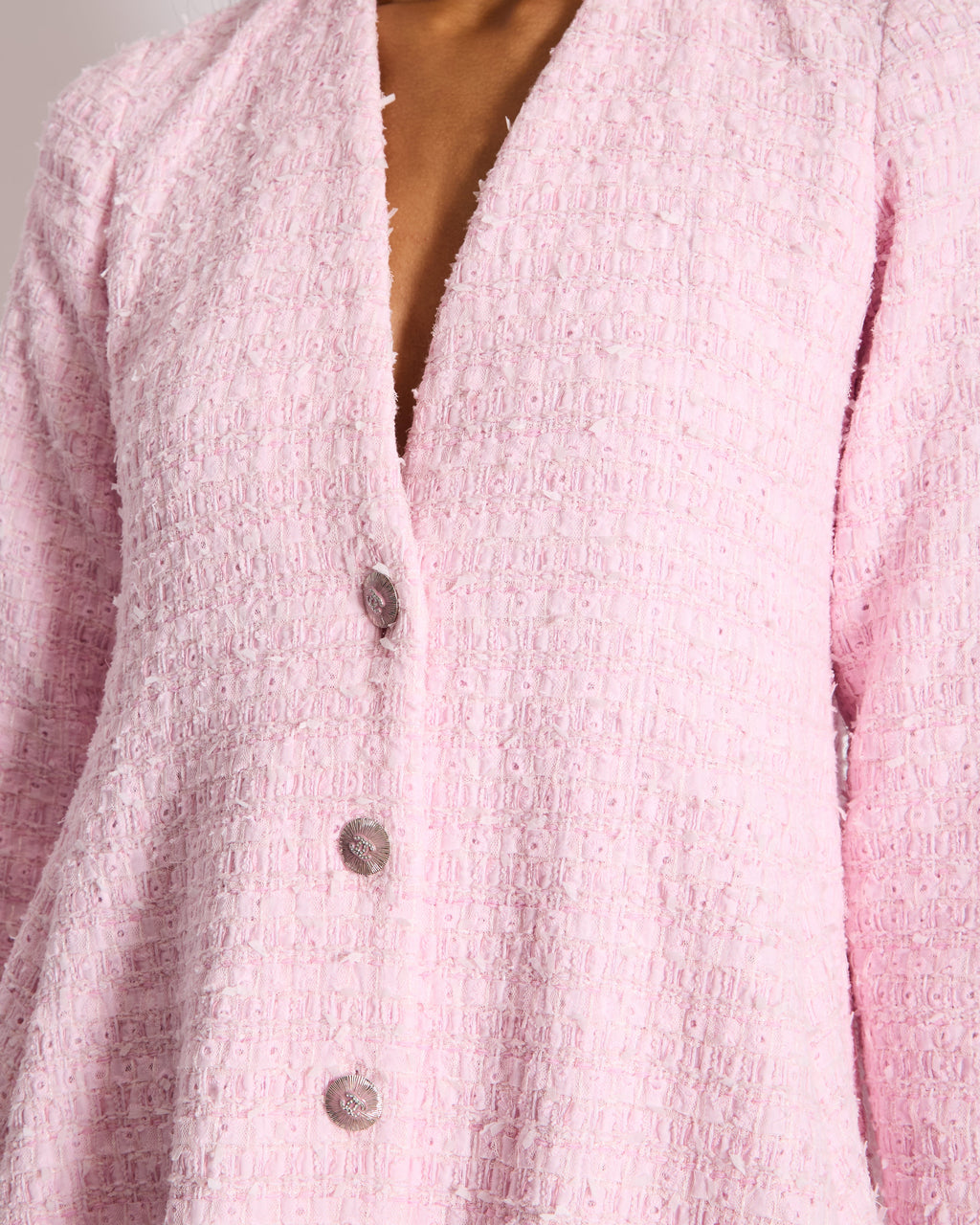 *HOT* Chanel 24S Pink Tweed Long Sleeve A-Line Asymmetric Mini Dress with Silver and Pink Logo Button Details Detail FR 34 (UK 6) RRP £11,650