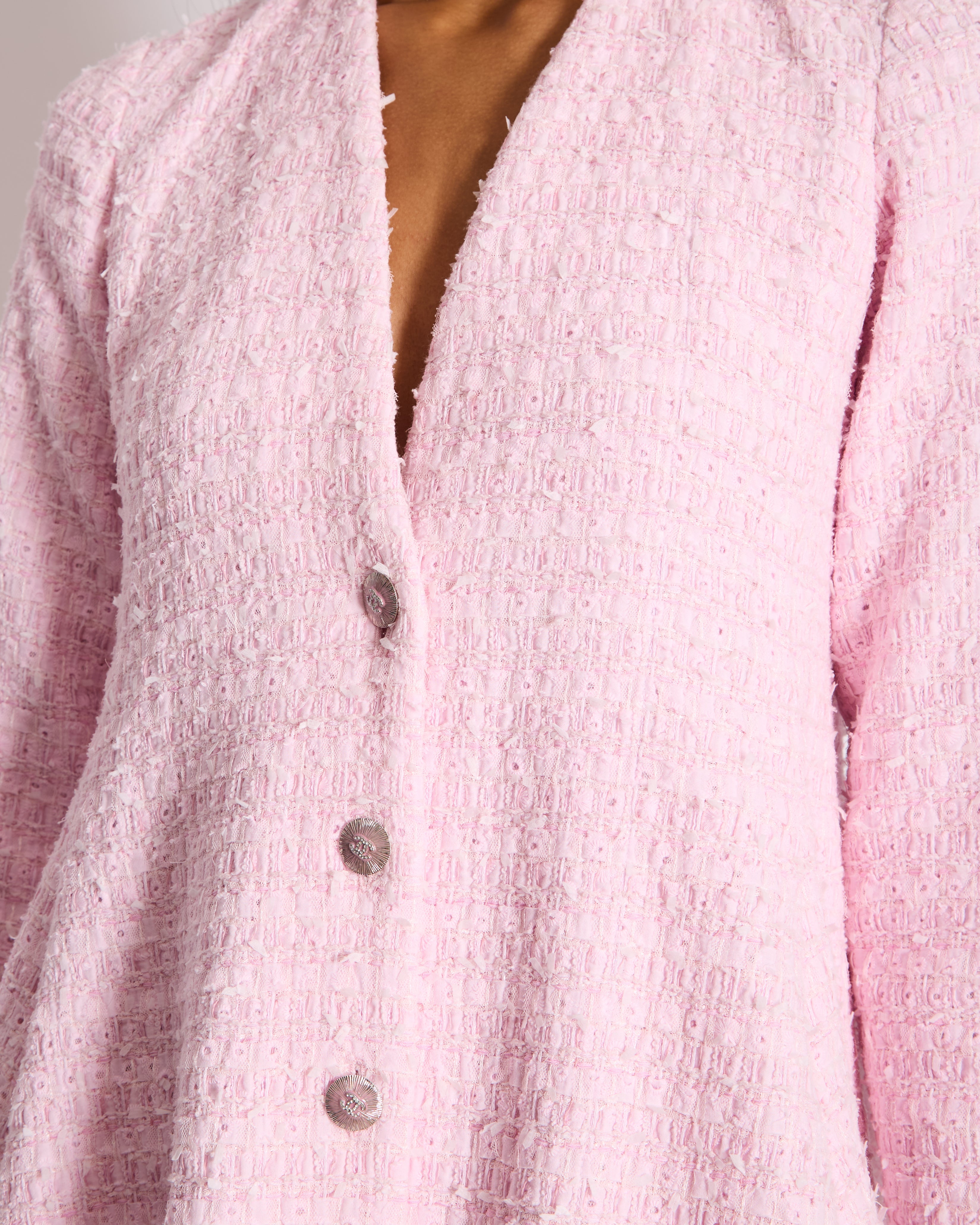 Chanel 24/S Pink Tweed Long Sleeve A-Line Asymmetric Mini Dress with Silver and Pink Logo Button Details Detail FR 34 (UK 6)