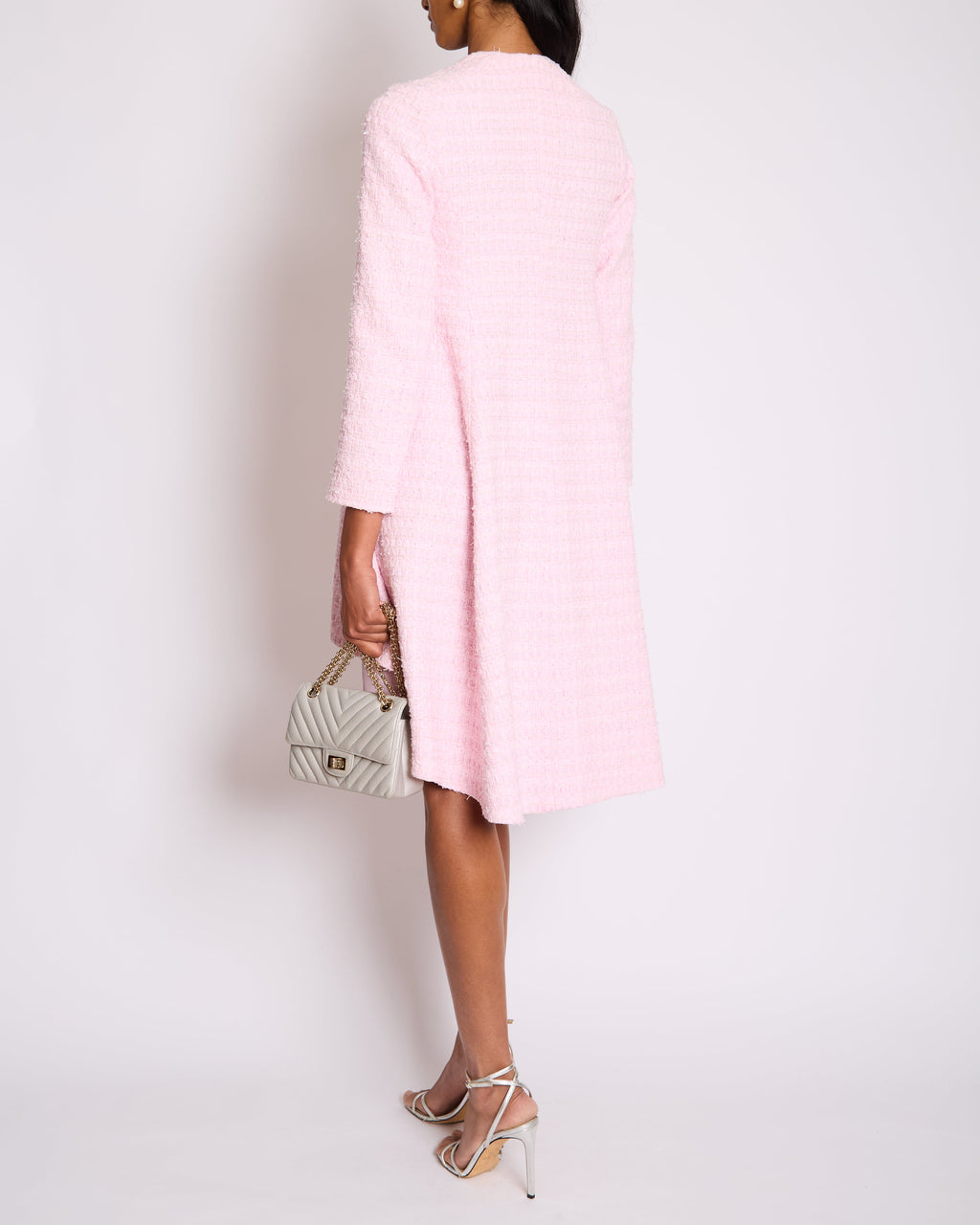 Chanel 24/S Pink Tweed Long Sleeve A-Line Asymmetric Mini Dress with Silver and Pink Logo Button Details Detail FR 34 (UK 6)