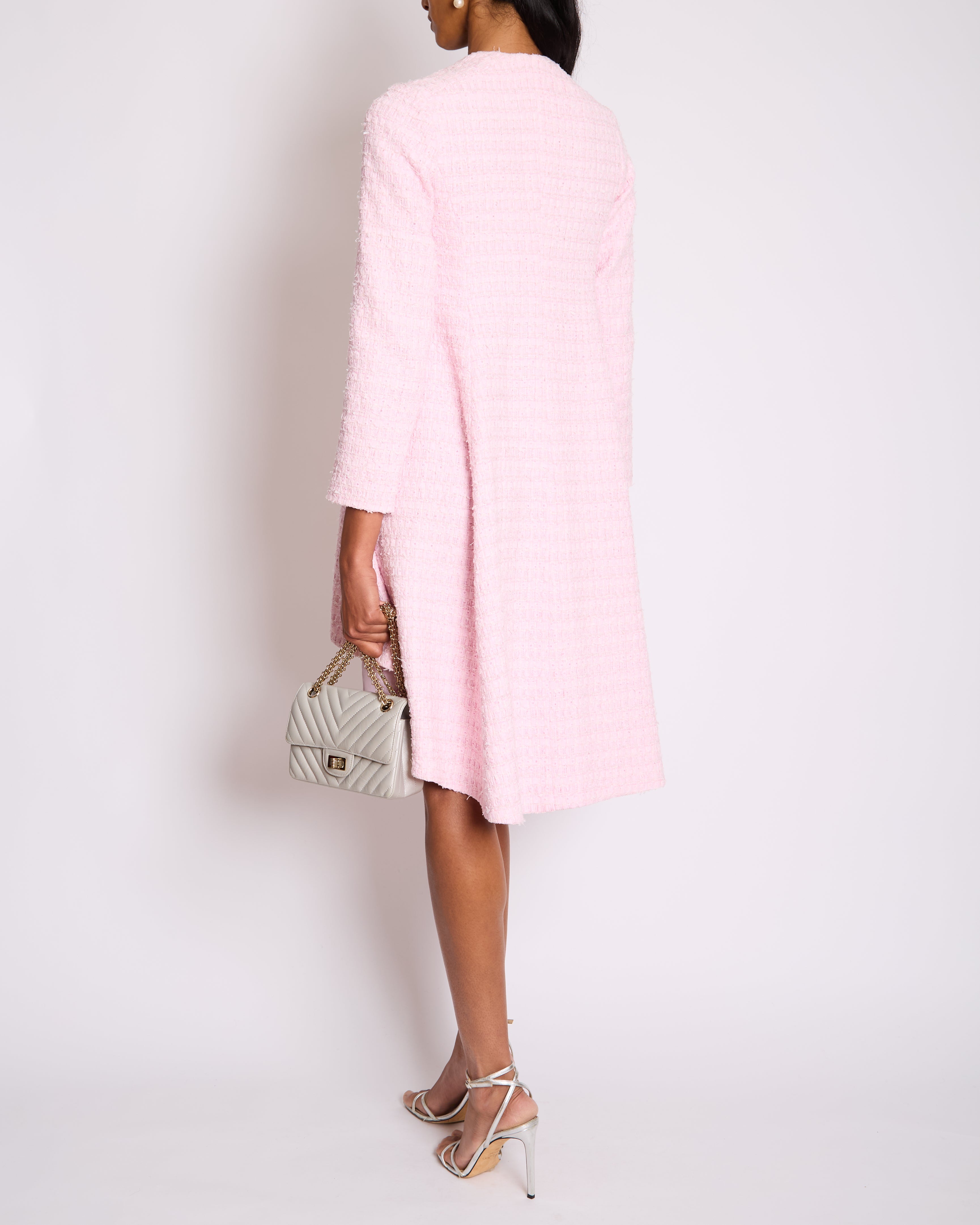 Chanel 24/S Pink Tweed Long Sleeve A-Line Asymmetric Mini Dress with Silver and Pink Logo Button Details Detail FR 34 (UK 6)