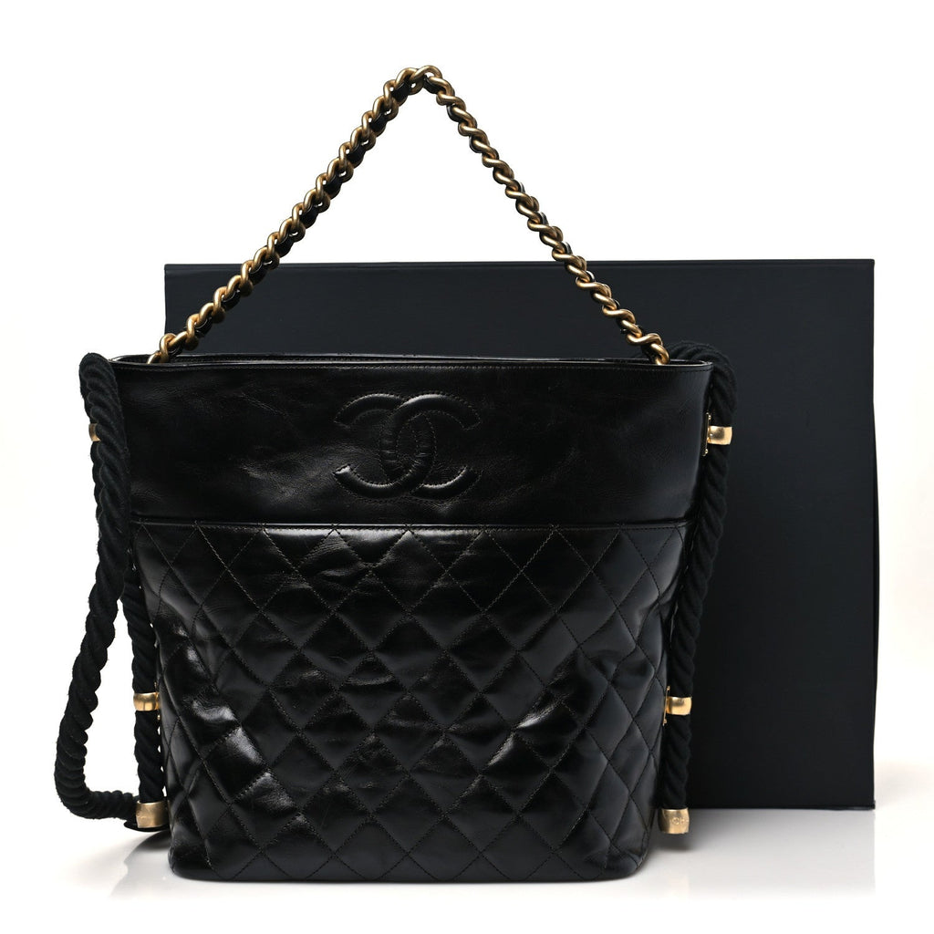Chanel Crumpled Calfskin En Vogue Rope Hobo Bag Black