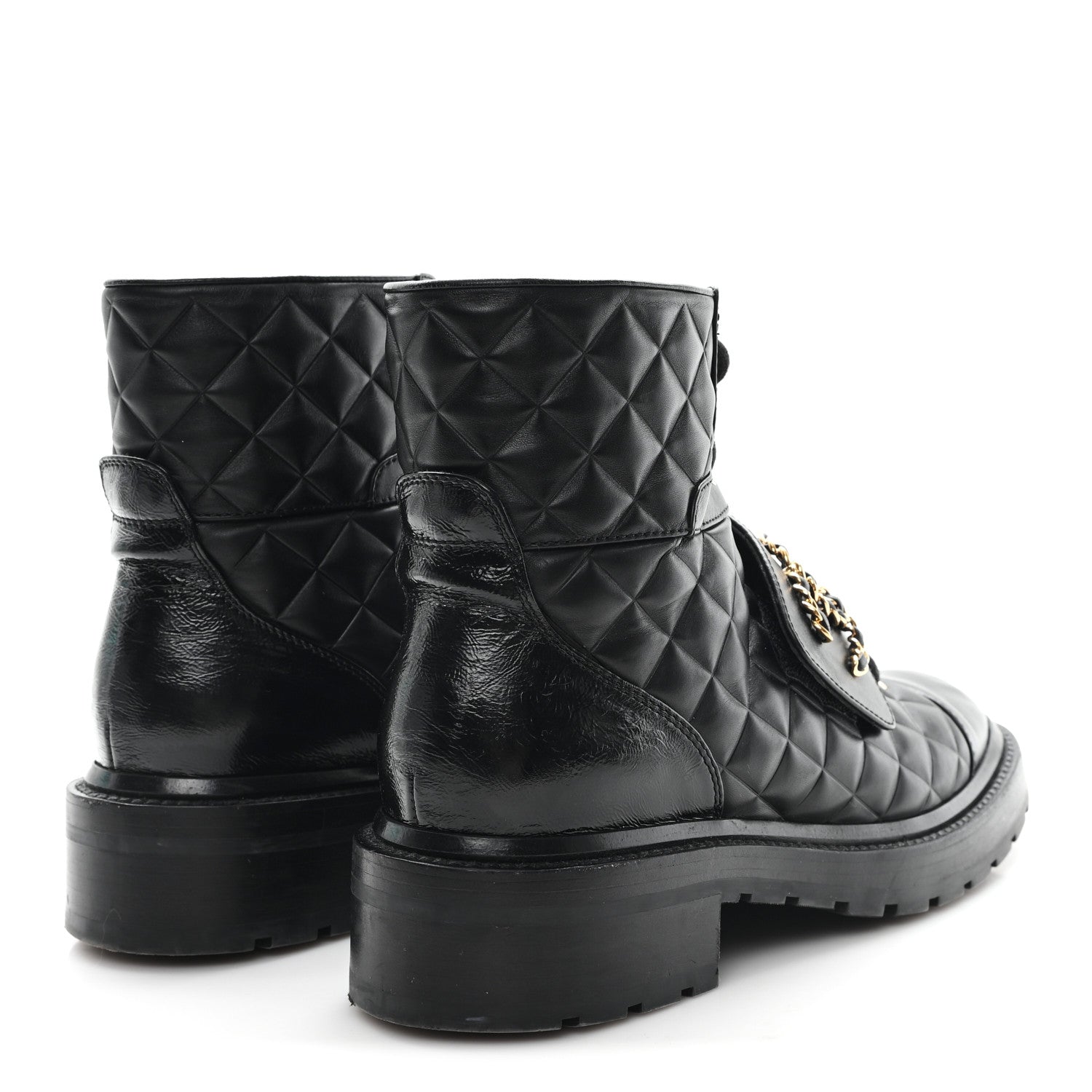 Chanel Shiny Calfskin Quilted Lace Up Combat Boots 38.5 Black