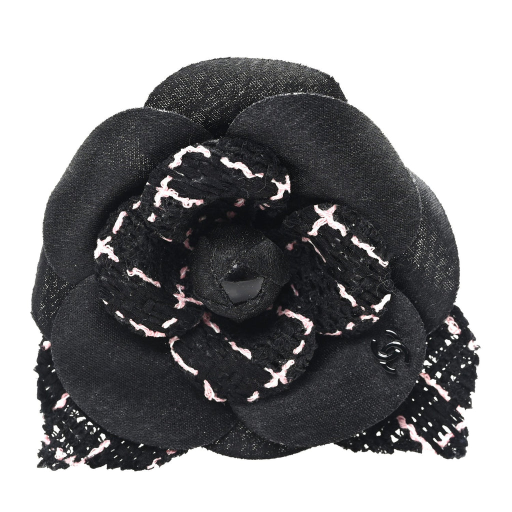 Chanel Tweed Camellia Pin Brooch Black Pink