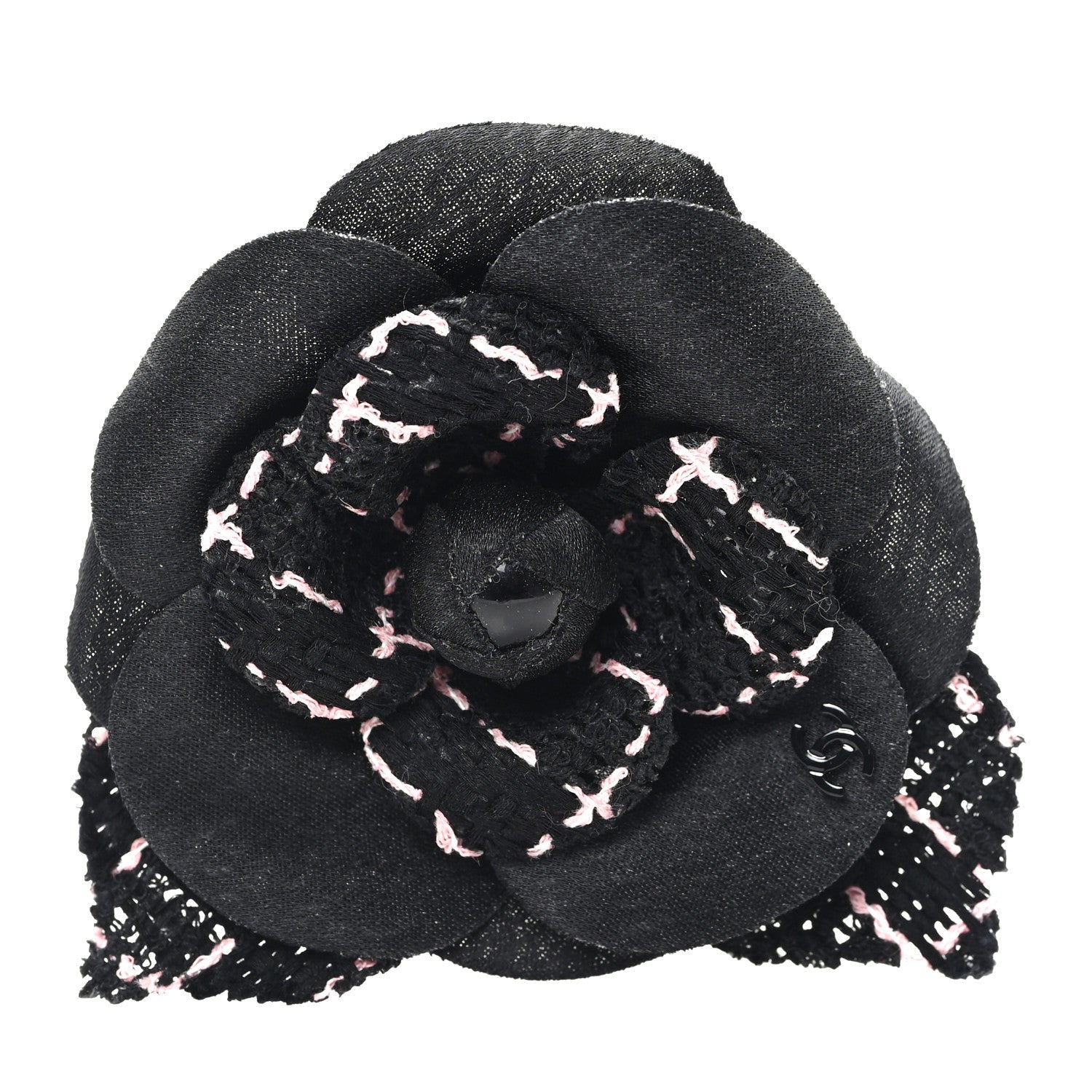 Chanel Tweed Camellia Pin Brooch Black Pink