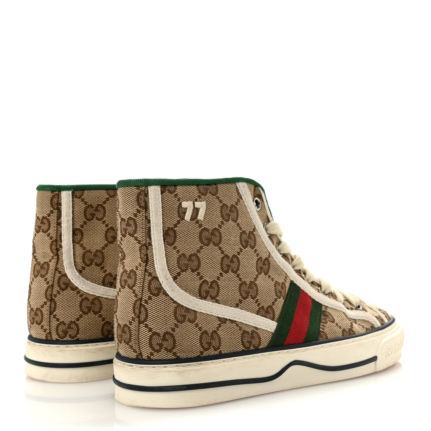 Gucci GG Monogram Web Womens 1977 Tennis High Top Sneakers 37 Beige Ebony Mystic White