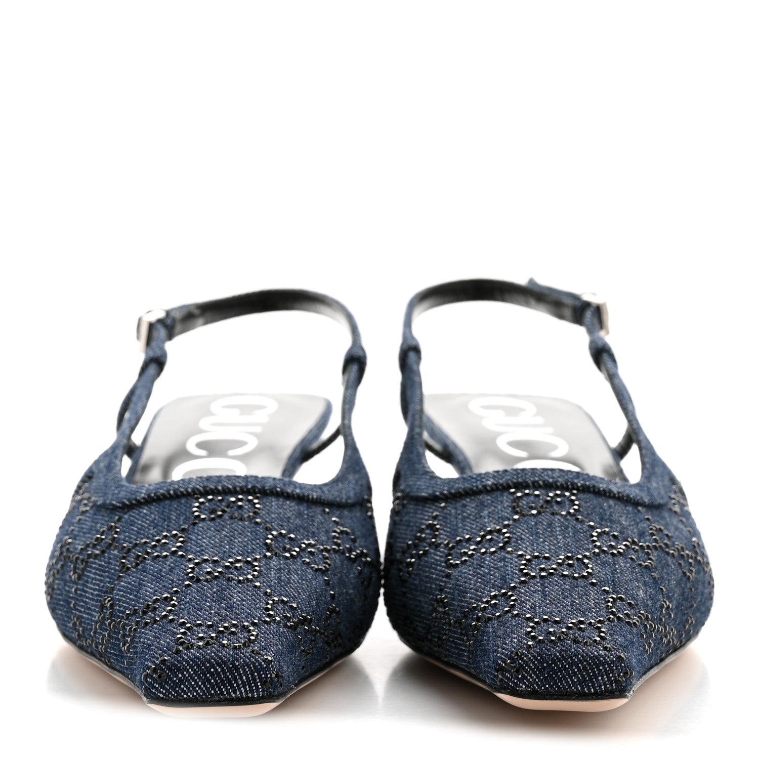 Gucci Denim GG Monogram Malaga Kid Crystal Square G 35mm Slingback Pumps 39.5 Blue