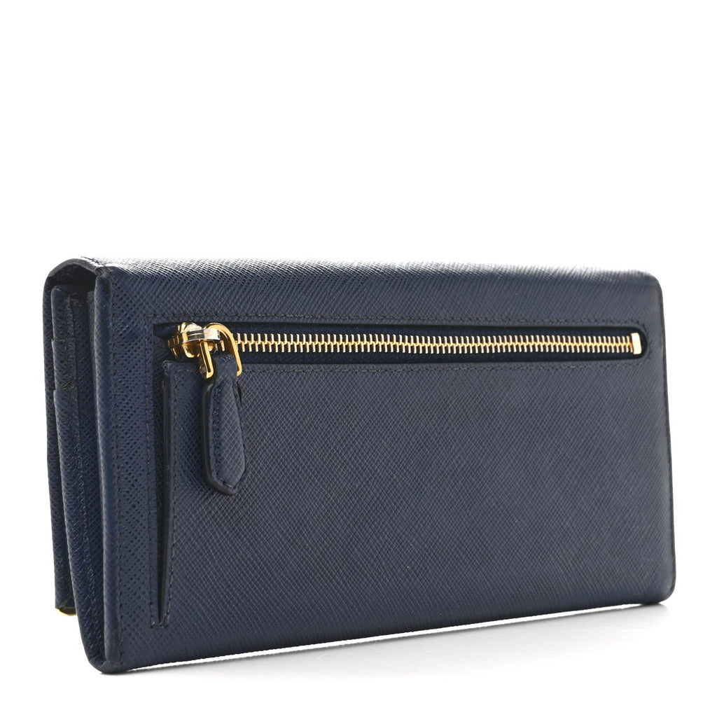 Prada Saffiano Metal Bar Continental Flap Wallet Bluette