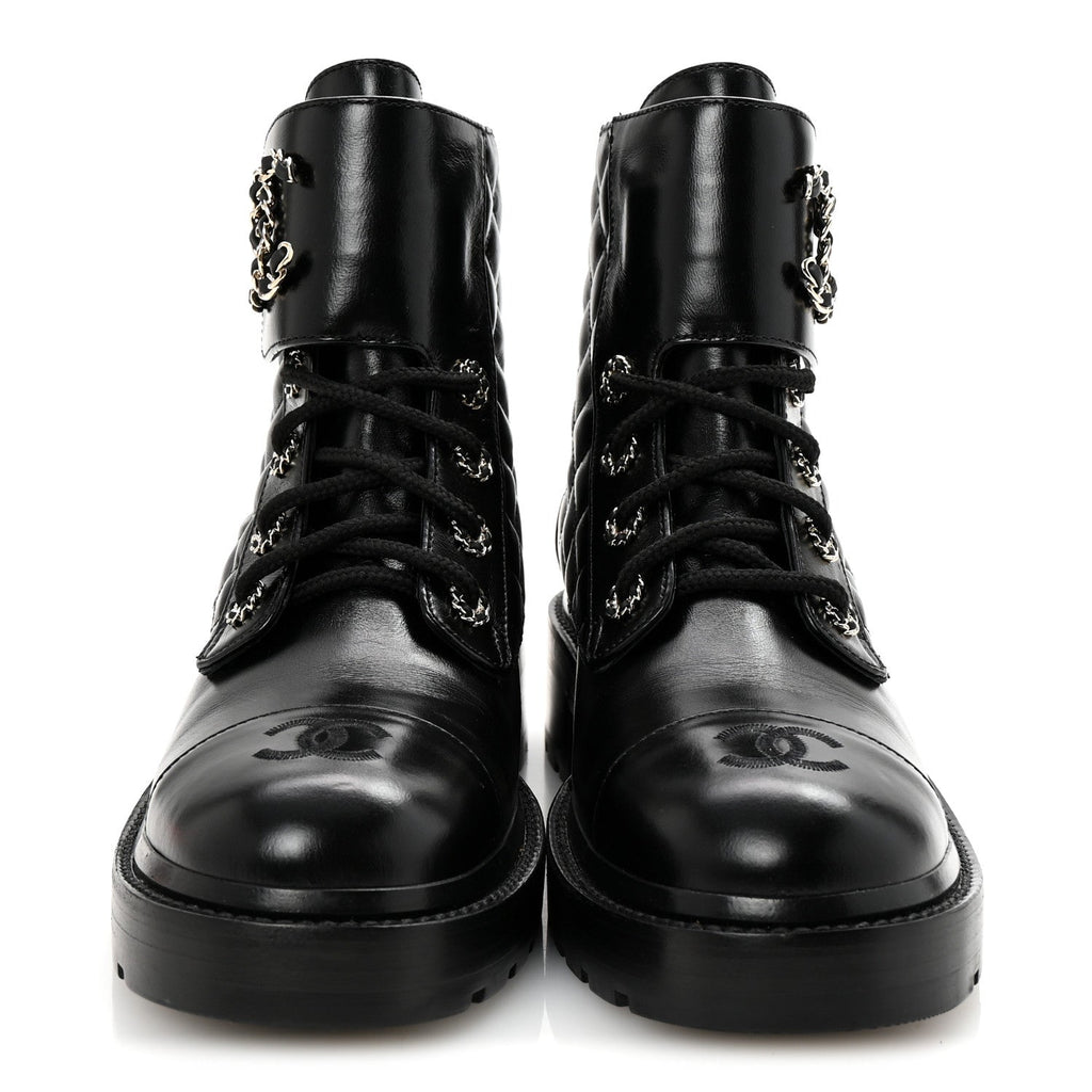 Chanel Shiny Lambskin Quilted Lace Up Combat Boots 39 Black